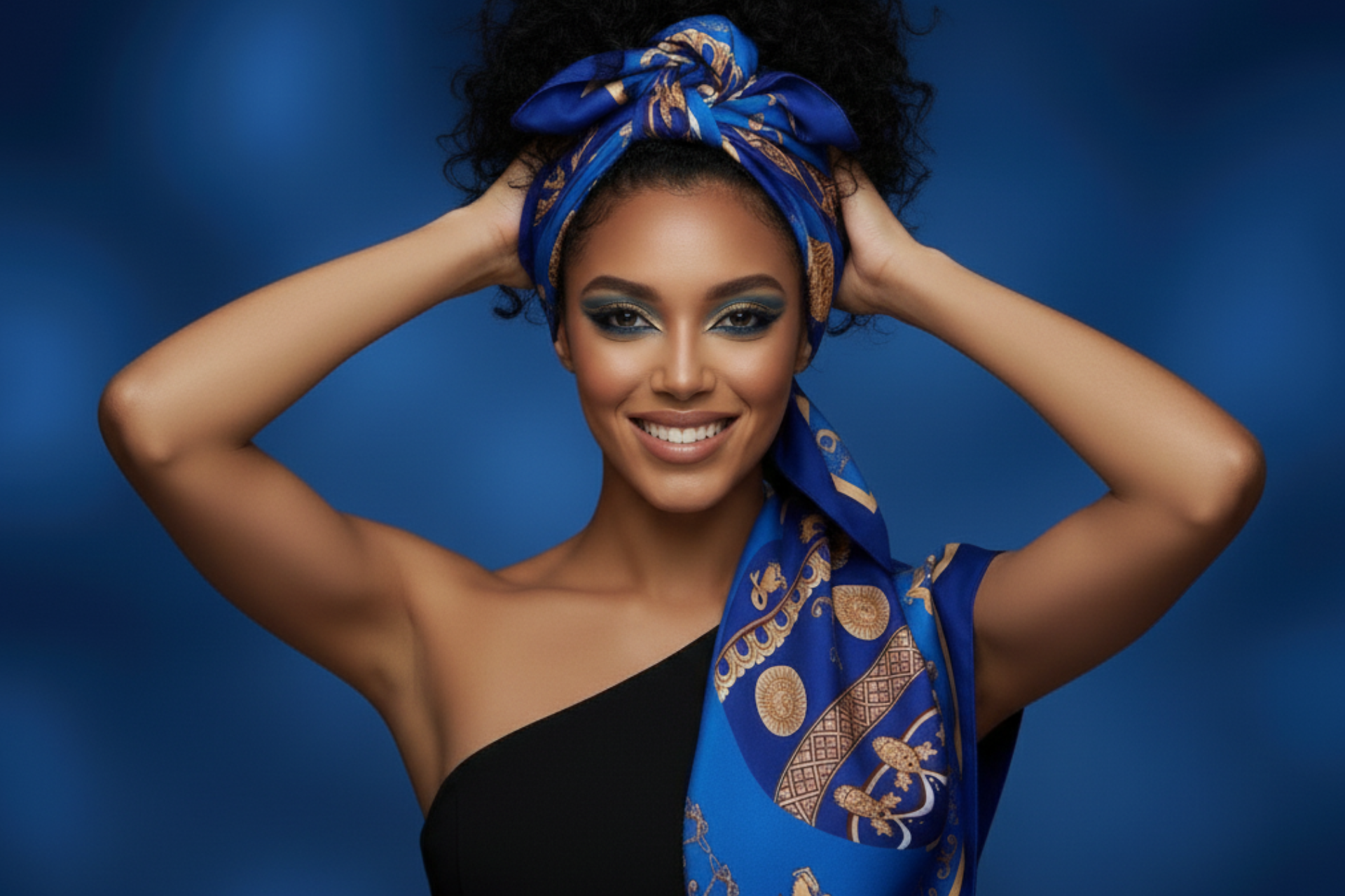 Carré de soie bleu royal et or Lorenza Di Filippo porté dans les cheveux